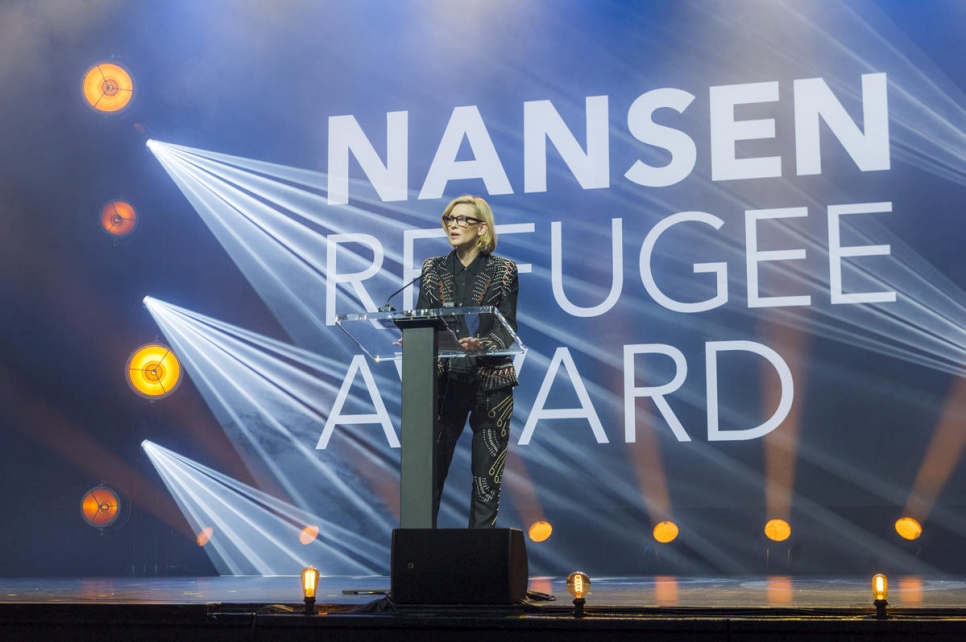 UNHCR Goodwill Ambassador Cate Blanchett gives the keynote address at the 2018 Nansen Refugee Award ceremony.