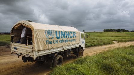 A UNHCR truck, forming part of a convoy repatriating Ivorian refugees to Côte d'Ivoire, departs from Little Wlebo refugee camp, approximately 15 kilometres (9 miles) from Harper, Maryland, Liberia. ; Refugee repatriation for Ivorian’s sheltered in camps and communities in Liberia finally resumed on 18 December 2015, after being suspended following the outbreak of Ebola in 2014. Since then, more than 15,000 refugees have accepted the option for voluntary repatriation and returned home to Côte d’Ivoire.