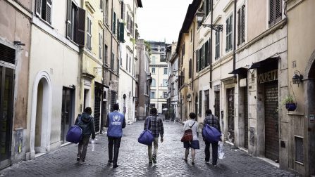 A group of asylum-seekers on the way to the bus taking them to Roma Ciampino airport. ; From January to October 2015, more than 500,000 people have taken the dangerous journey via the Mediterranean Sea in order to reach Europe. In September 2015 the EU decided to relocate 120,000 asylum seekers who arrived in Italy and Greece, the principal entry points to Europe for refugees, to other European countries. The relocation process started in early October with the first group of asylum seekers being relocated from Italy to Sweden.