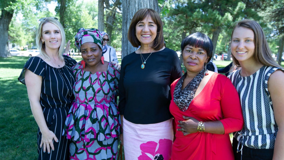 From left to right: Women of the World office manager Heidi Christensen, participant Vestine MnKeshimana, founder and Nansen Award Americas regional finalist Samira Harnish, participant Rosette Kindja and case manager McKensie Cantlon.