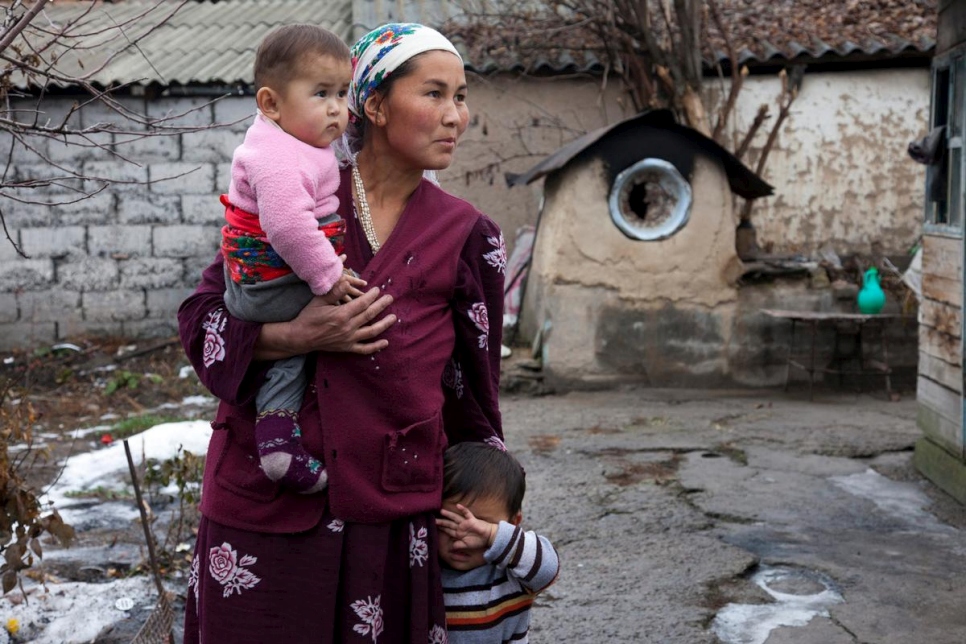 She arrived to Kyrgyzstan from Tadjikistan, without any valid documents. Her mother-in-law only has an old expired Soviet passport. Her children, born in Kyrgyzstan, do not have their births registered, therefore she cannot claim any social benefits for her children. Being almost illiterate she requires assistance from UNHCR's NGO partners to approach passport registration services and other official institutions to get documents for herself and her children. She admits that often she does not have money for public transport to to the district passport registration office. The only source of income for families like hers is 15-18 hours of hard work in the fields only during spring and summer.