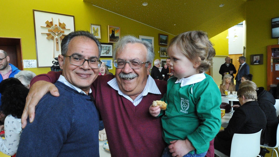 Syrian refugee Zuheir Fakhir (left) meets some of his new neighbours at an event to welcome his recently arrived family to Dunshaughlin, County Meath.