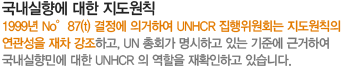 국내실향에 대한 지도원칙 1999년 No°87(t) 결정에 의거하여 UNHCR 집행위원회는 지도원칙의 연관성을 재차 강조하고, UN 총회가 명시하고 있는 기준에 근거하여 국내실향민에 대한 UNHCR 의 역할을 재확인하고 있습니다