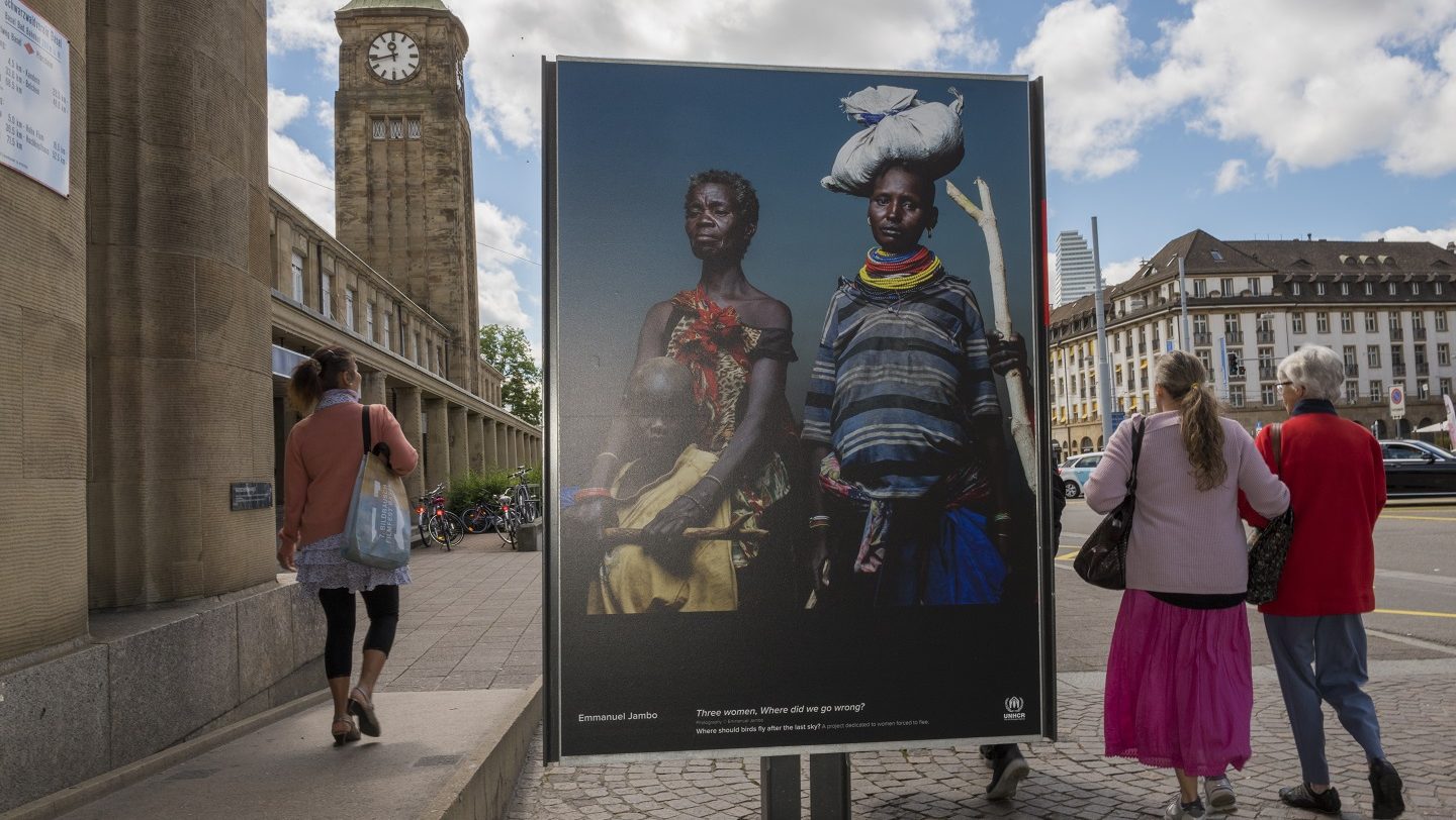 Switzerland. Art Stands with Refugee Women in Basel, with the art and poster project “Where should birds fly after the last sky?”