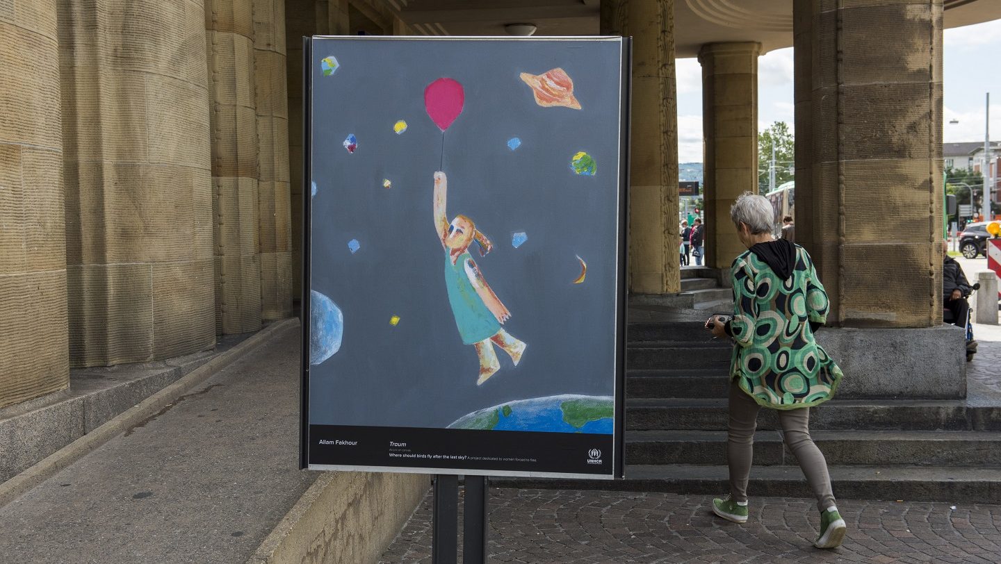 Switzerland. Art Stands with Refugee Women in Basel, with the art and poster project “Where should birds fly after the last sky?”