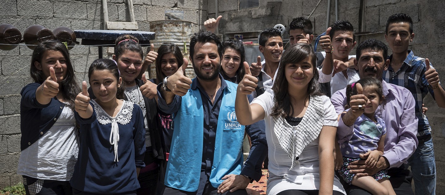 Syrian refugees who will be performing at the final of Refugees Got Talent pose for a group photo with Lebanese TV host and UNHCR High Profile Supporter Neshan a day before the competition.
