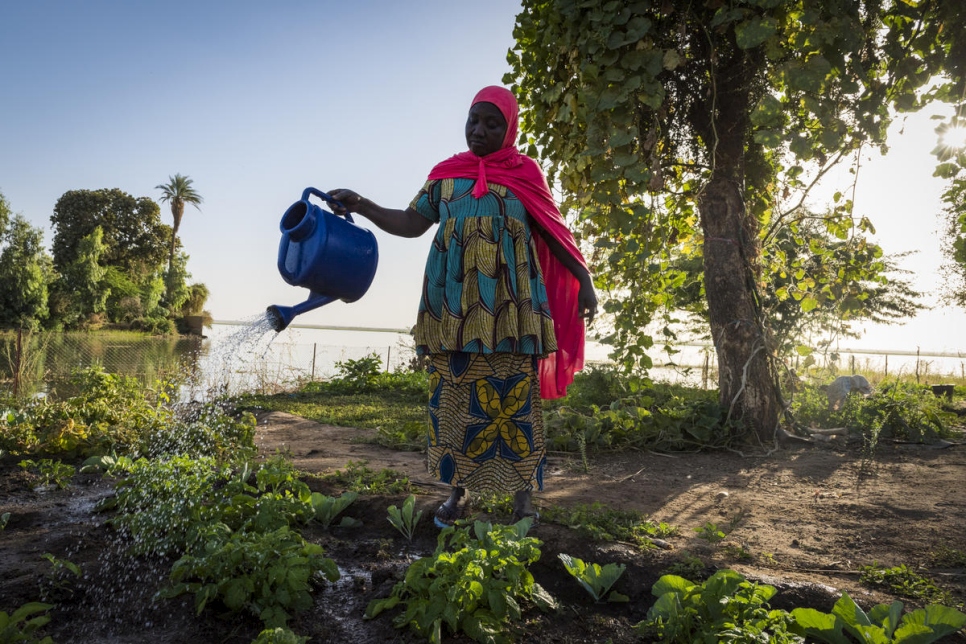 Karotoumou Noly arrose le potager de l'association agricole Bony Ben à Gao. Ce potager près du fleuve Niger a été créé par 18 femmes du quartier. 