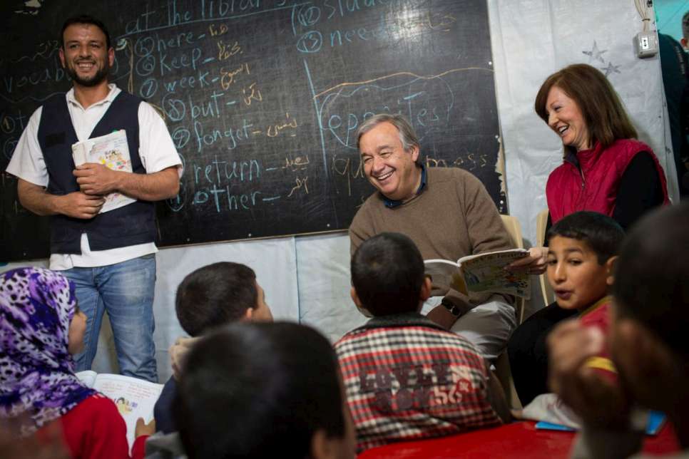 Lebanon / Syrian Refugees / UN High Commissioner for Refugees Antonio Guterres meets with Syrian refugees in the Fayda informal tented settlement in the Bekaa Valley, Lebanon, on Friday 14 March 2014. / UNHCR / A. McConnell / March 2014