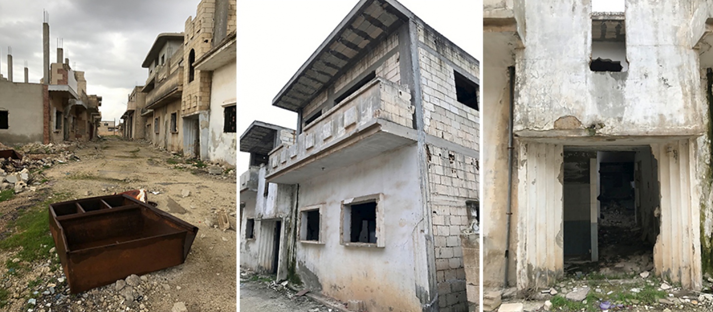 The street where Hani lived (left). Hani's house (center). Hani's front doorway (right). 