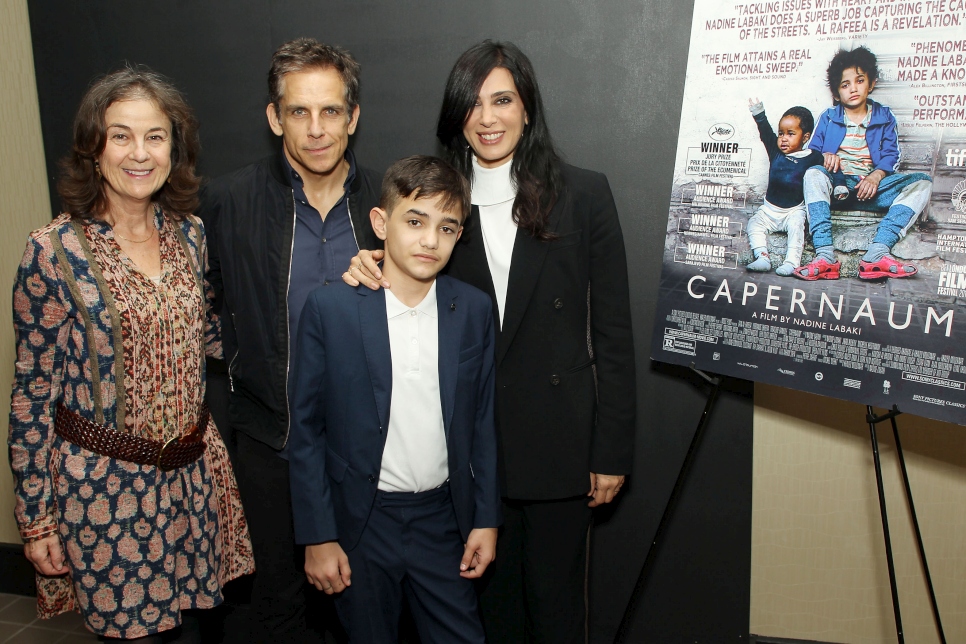 Ninette Kelley, directrice du bureau du HCR à New York, Ben Stiller, acteur et Ambassadeur de bonne volonté du HCR, Zaïn Al Rafeea, acteur et réfugié syrien et Nadine Labaki, réalisatrice, pendant la projection du film Capharnaüm, à New York.