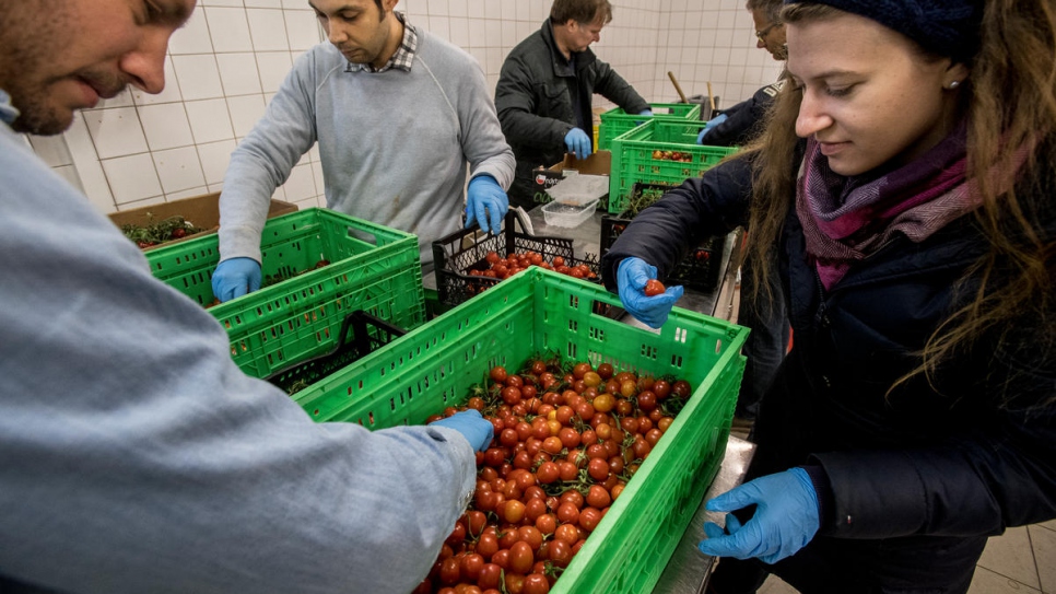 Des bénévoles trient les dons de légumes pour éliminer les légumes abîmés. 