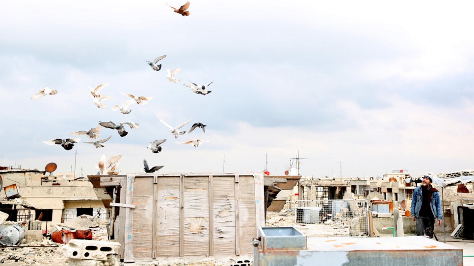 Djihad, 44 ans, appelle son groupe de pigeons depuis le toit de sa maison remise en état à Homs, en Syrie. 