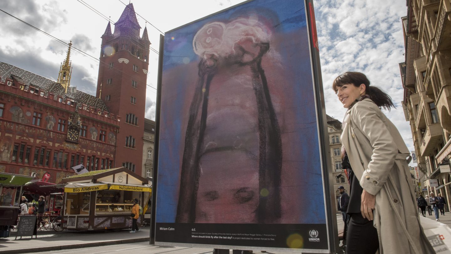 Switzerland. Art Stands with Refugee Women in Basel, with the art and poster project “Where should birds fly after the last sky?”