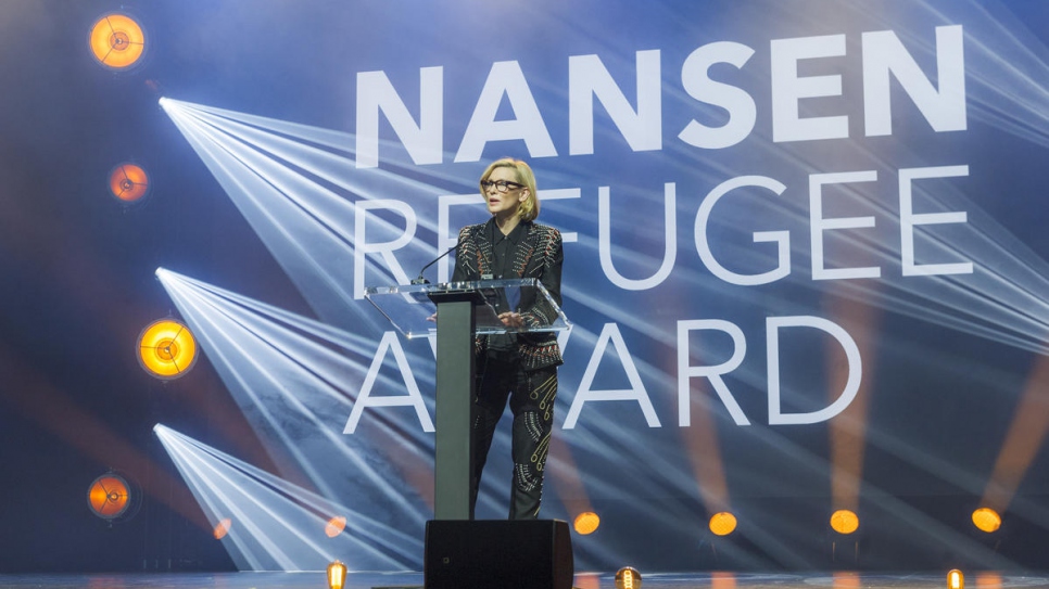 UNHCR Goodwill Ambassador Cate Blanchett gives the keynote address at the 2018 Nansen Refugee Award ceremony.