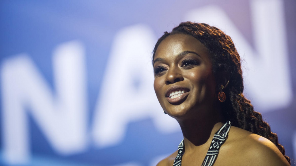 Nomzamo Mbatha, South African actress and human rights activist, hosts the Nansen Refugee Award ceremony at the Bâtiment des Forces Motrices in Geneva.