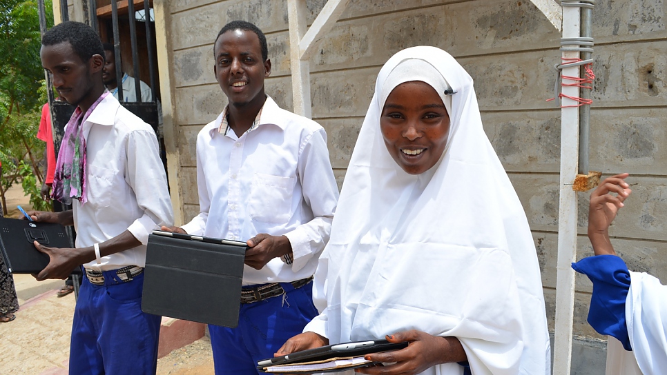 "I was born in a refugee camp - in Dadaab's Ifo camp in 1994. My parents had arrived there in 1982. I have never been anywhere, else in the world, except in another refugee camp which is close by. I am very happy about the classes. We can now watch pictures and see videos. At the moment, I am following the teachers' instructions. I have not yet tried to use the internet by myself but I sure will try. At the beginning it was difficult to use the tablets but now we are trained."
says Kano Mohamed Hussein, one of the students of Nasib Secondary School.