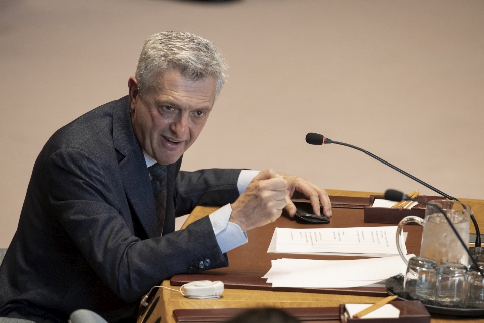 Le chef du HCR, Filippo Grandi, lors de son discours au Conseil de sécurité de l'ONU à New York sur le statut des personnes déplacées dans le monde. 