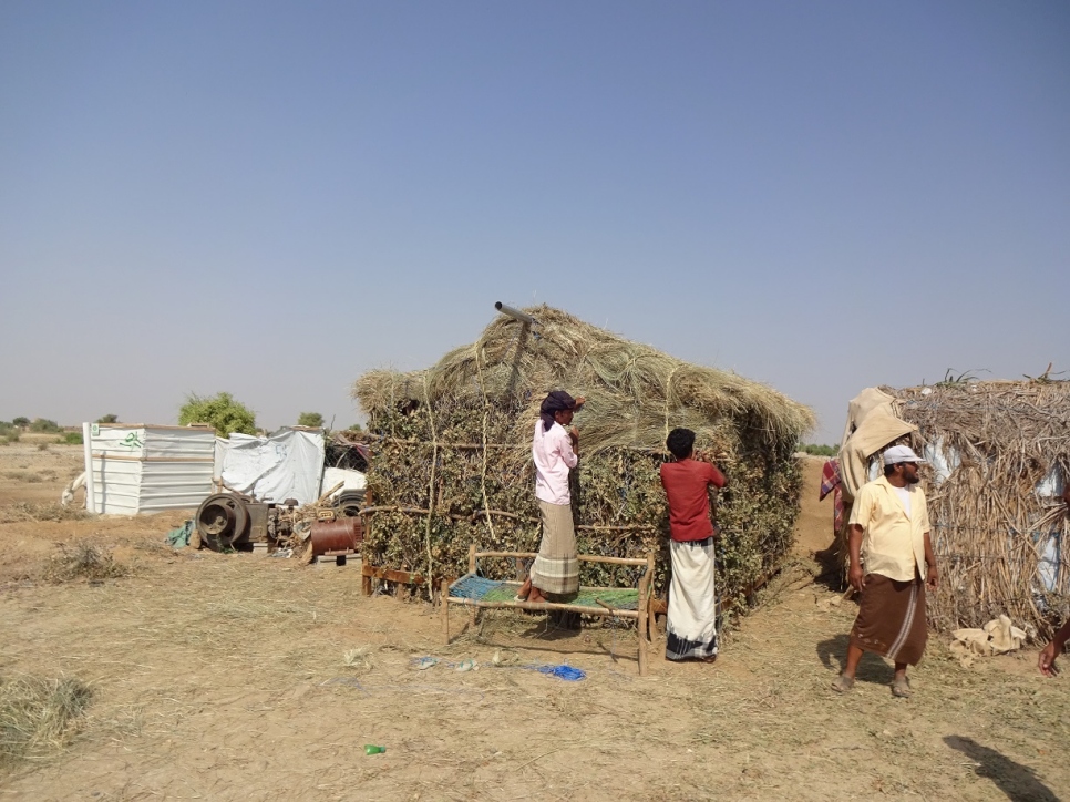 Des déplacés internes yéménites construisent leurs propres abris écologiques à l'aide de matériaux naturels près de la ville d'Abs, au nord-ouest du pays. 