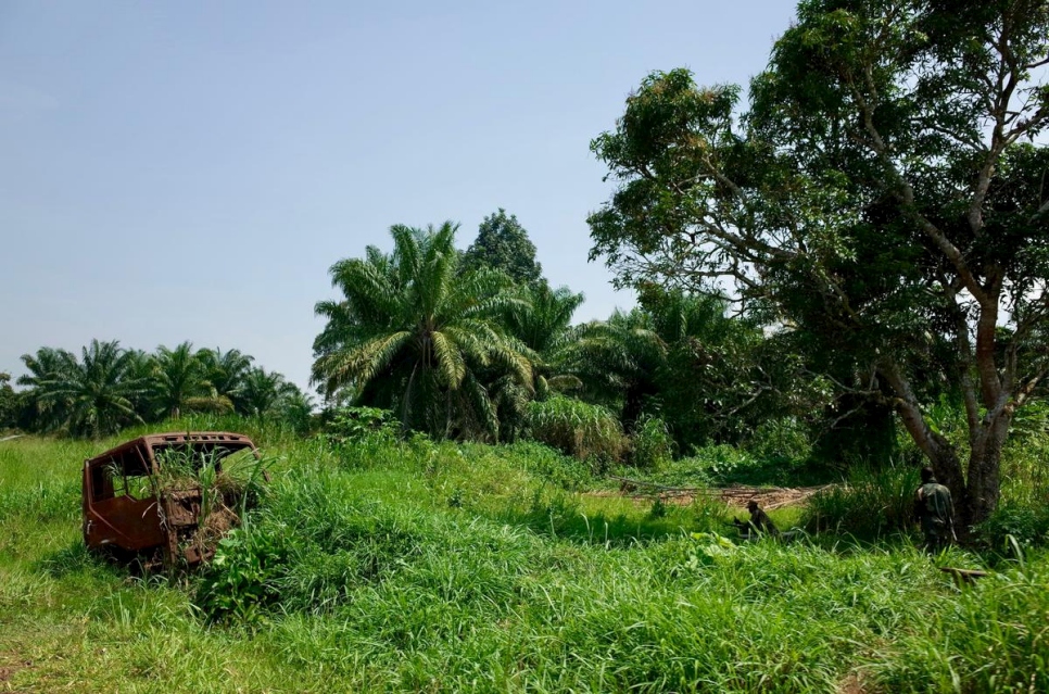 Un vehículo quemado en una aldea situada entre Oicha y Eringeti, en la provincia de Kivu Norte. Los equipos de ACNUR han visto aldeas vacías, incontables de ellas quemadas y casa abandonadas, así como coches quemados.  