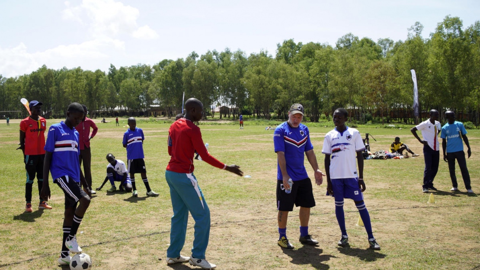 Training session with Italian Sampdoria coach Marco Bracco who is explaining an exercise to the boys selected from among refugees and the host community.