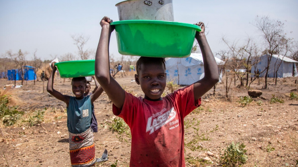 South Sudanese refugee children at Rhino Camp refugee settlement during Filippo Grandi's official visit to Uganda which he praised for its progressive refugee policies.