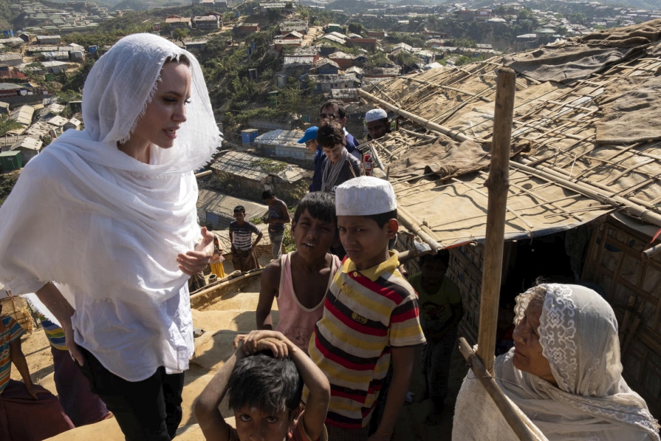 Bangladesh. UNHCR Special Envoy Angelina Jolie visits Rohingya refugees in Chakmarkul camp.