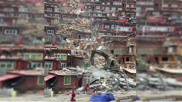 Destruction of monastic dwellings at Larung Gar is shown in a recent photo.