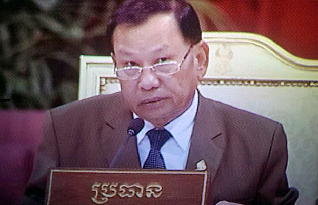 Say Chhum, president of Cambodia's Senate, chairs a parliamentary session in Phnom Penh, July 24, 2015.