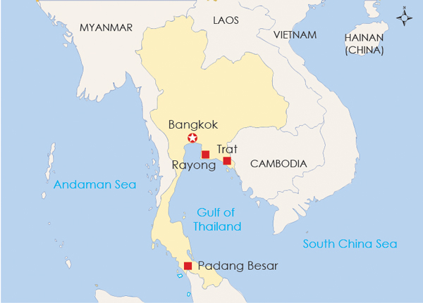 A map shows the cities in Thailand where Uyghurs are being held in government-run refugee detention centers.