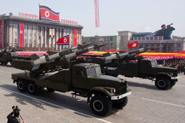 This file photo taken April 15, 2012 shows SA-3 ground-to-air missiles being displayed during a military parade in Pyongyang.