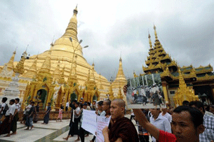 Buddhist monks protest in Rangoon, demanding action against Muslims following violence in Rakhine state, June 10, 2012.