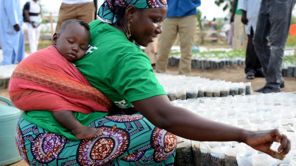 A Nigerian mother carrying her baby on her back plants seeds in a nursery at Minawao refugee camp in Cameroon, as part of the reforestation project, Make Minawao Green Again.