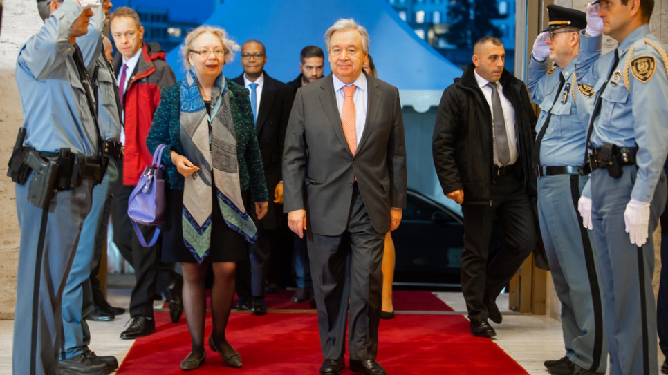 Mrs. Tatiana Valovaya, Director-General of the United Nations Office at Geneva and United Nations Secretary-General Antonio Guterres arrive for the Global Refugee Forum.