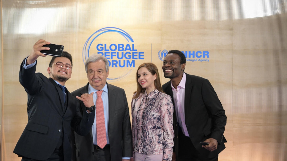 United Nations Secretary-General António Guterres with refugee representatives at the Global Refugee Forum.