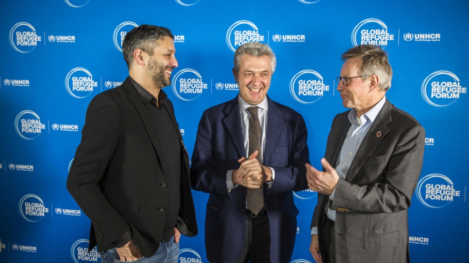 Left to right:  Tolga Öncu, IKEA Retail Operations Manager, Ingka Group; UN High Commissioner for Refugees Filippo Grand and Per Heggenes, IKEA Foundation CEO. 