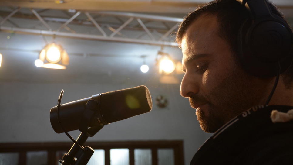 American musician and producer Jay Denton rehearses in the studio in Beirut, Lebanon.