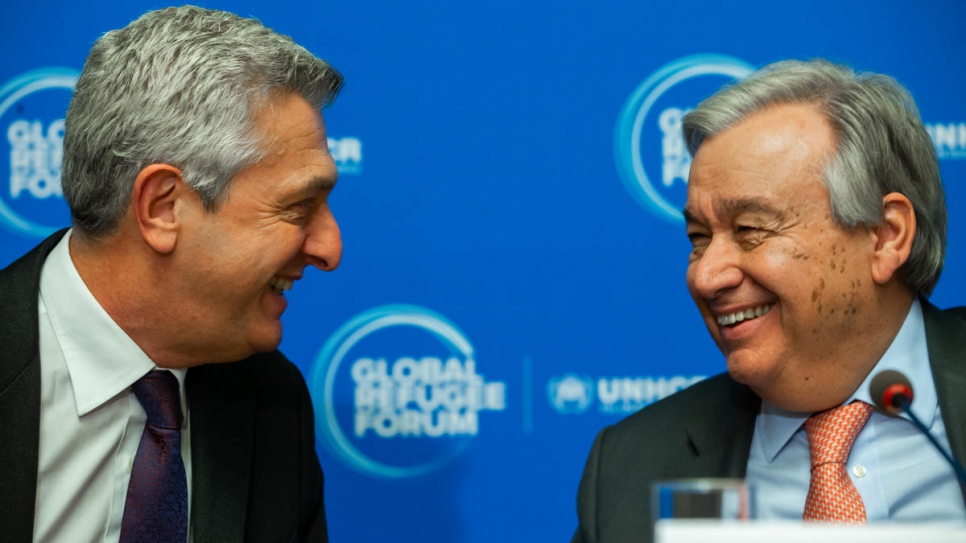 United Nations Secretary-General António Guterres (right) and UN High Commissioner for Refugees Filippo Grandi hold a joint press conference at the Global Refugee Forum in Geneva.