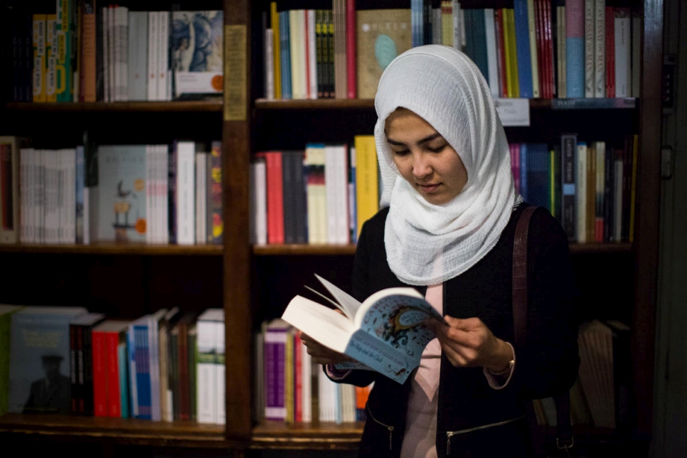19 year-old Shukria Rezaei in the Poet's Corner of an Oxford bookshop.