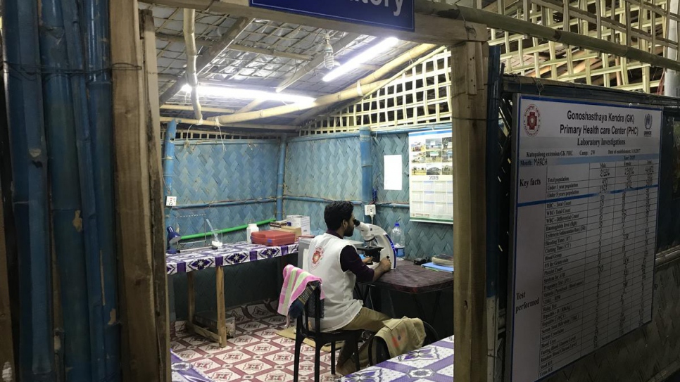 Lab technician, Mohammad Fazle Rabby, works the night-shift at a 24-hour clinic in Kutupalong.