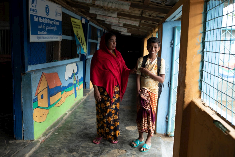 Mohammad and his mother Shonchita at Nur's school in Nayapara refugee camp.