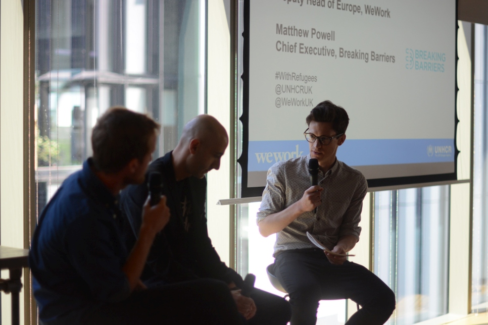 UNHCR's Tom McKenzie hosts a discussion between Matthew Powell, CEO of Breaking Barriers, and Anthony Yazbeck, Deputy Head of Europe at WeWork.
