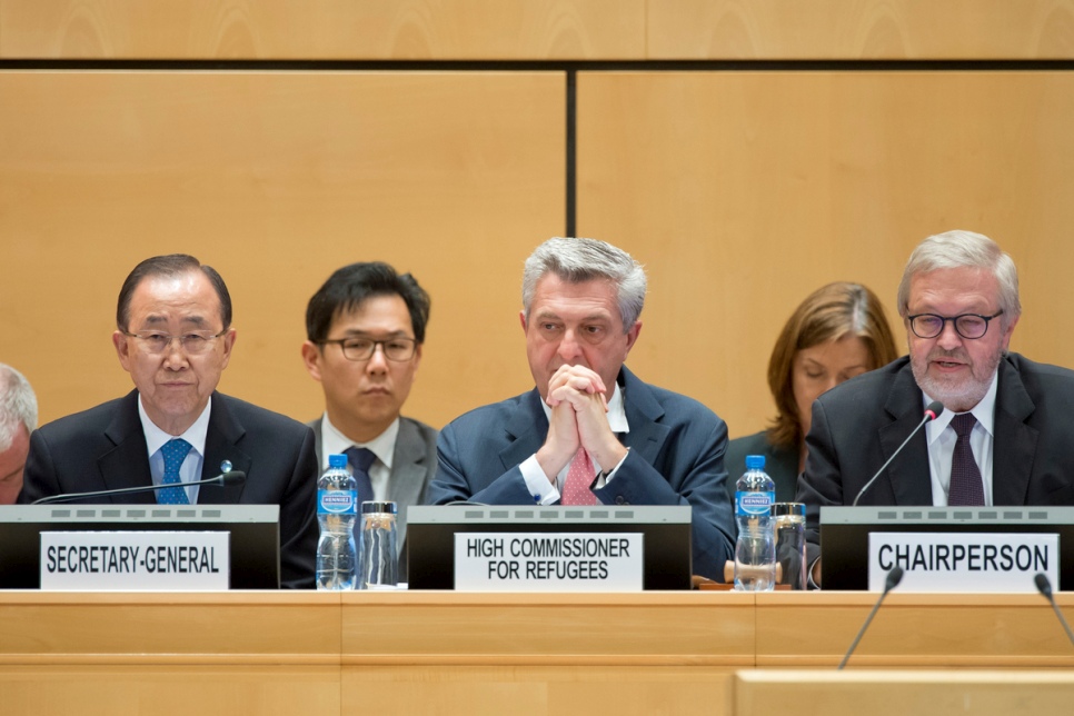 UN Secretary-General Ban Ki-moon (left), UN High Commissioner for Refugees Filippo Grandi (centre) and Chairperson Carsten Staur (right) at the 67th Session of the Executive Committee of the High Commissioner’s Programme 2016. © UNHCR/Jean Marc Ferré