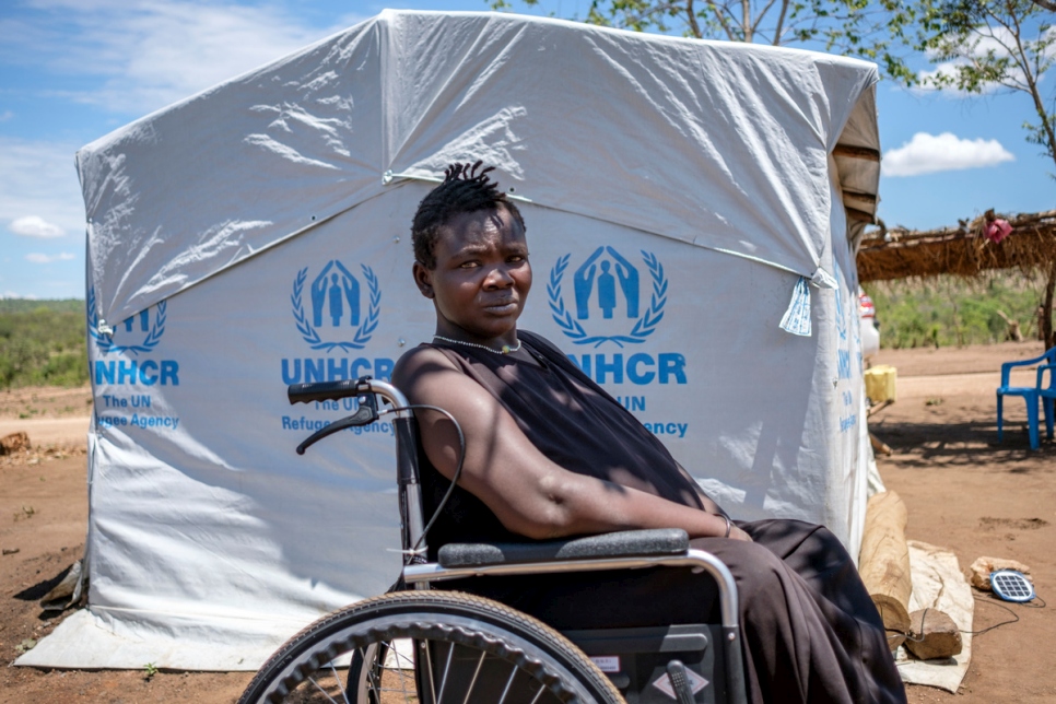 Charity Gala, South Sudanese refugee with with special need, receiving additional assistance and including her wheelchair at her home in Bidibidi refugee settlement in Yumbe district of Northern Uganda. Photographed on 2 May 2017.