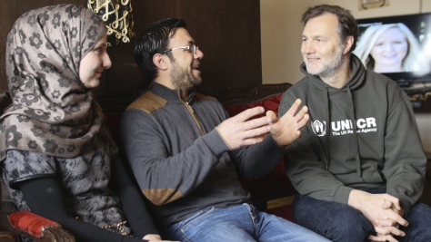 UNHCR Goodwill Ambassador David Morrissey meets Syrian refugees Talal Khaled Marwan (aged 32), his wife Maha (26) and their son Hisham in Lebanon