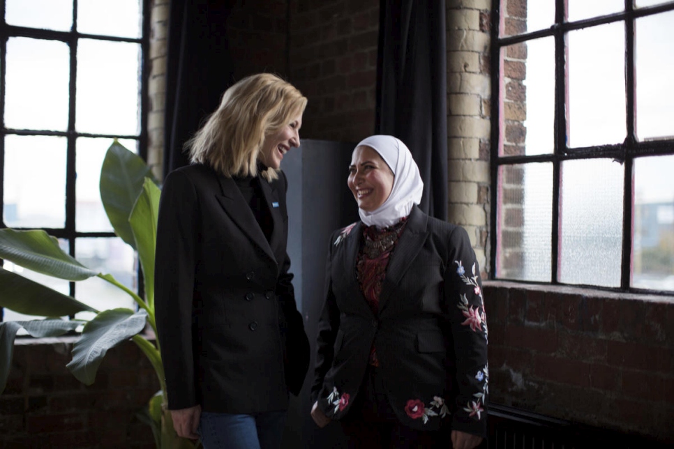 London. UNHCR Goodwill Ambassador Cate Blanchett with Razan Alsous, a refugee from Damascus, Syria, and Founder of Yorkshire Dama Cheese