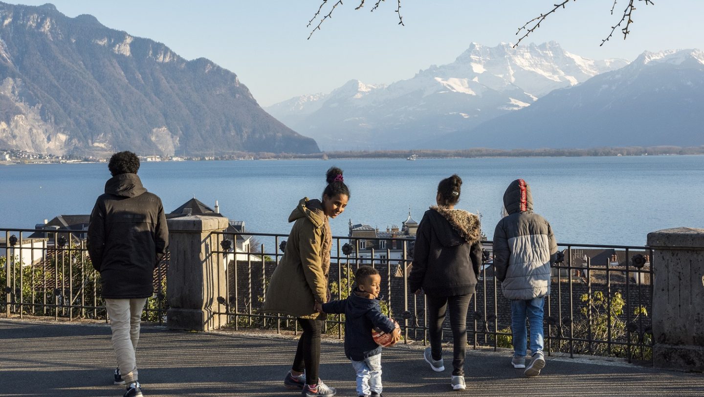 Switzerland. Family finally reunited and safe together, after two children were lost in the desert