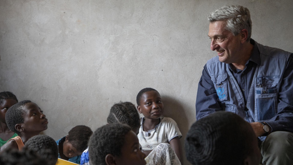 UN High Commissioner for Refugees Filippo Grandi meets with young Congolese refugees at a safe space for girls in the Mantapala settlement, Zambia.