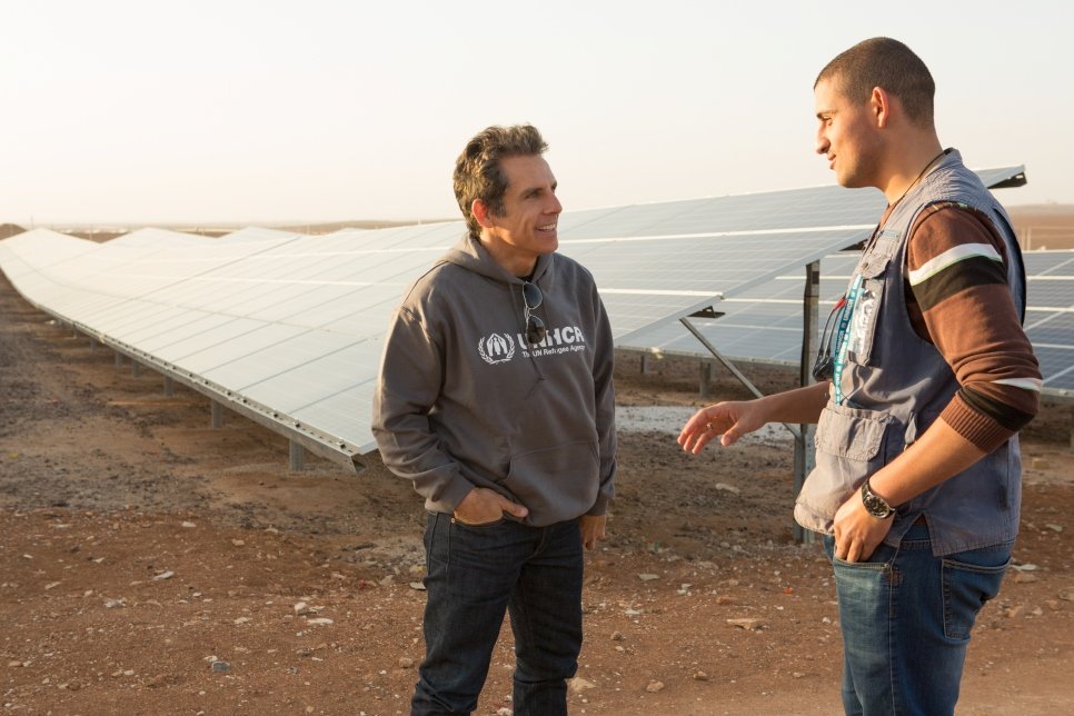 Ben learns how UNHCR plans to use clean energy to power life for refugees in Azraq camp. The solar panels were funded by IKEA Foundation to provide electricity.
