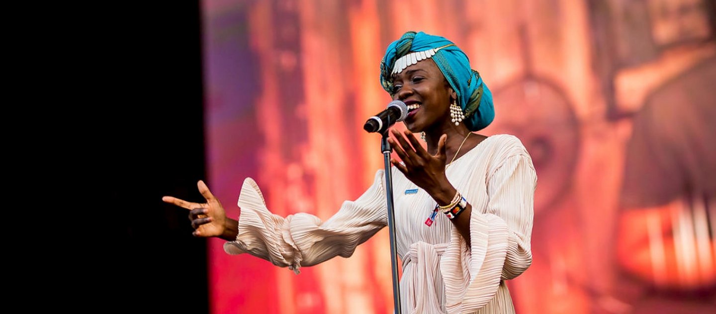 Slam poet and UNHCR Goodwill Ambassador Emi Mahmoud  performs at the Sziget Festival in Hungary.