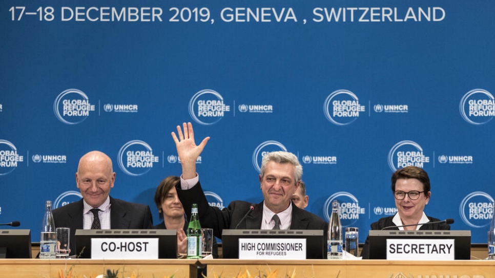 UN High Commissioner for Refugees Filippo Grandi and co-host Manuel Bessler, head of Switzerland's Humanitarian Aid Unit, sum up the results of the first Global Refugee Forum at the Palais des Nations in Geneva.
